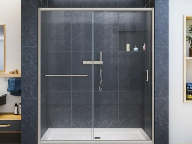 Lot 96-226880 - DreamLine
Infinity-Z 56 in. - 60 in. W x 72 in. H Semi Frameless Sliding Shower Door in Brushed Nick...