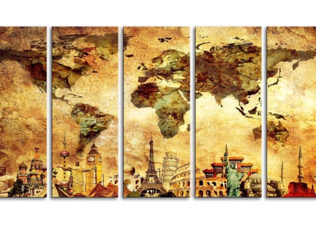 Lot 96-181265 - BoxColors Original Xlarge 30"x 70" 5 Panels 30x14 Ea Art Canvas Print Map World Wonders of the World...