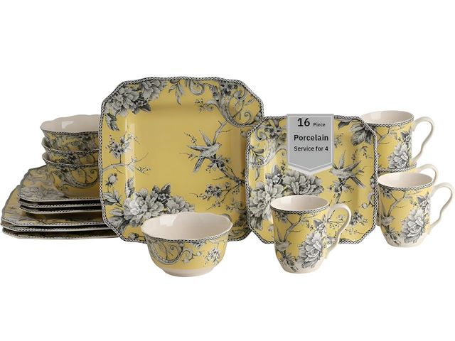 Lot 96-180358 - 222 Fifth Adelaide 16-Piece Square Floral Dinnerware Set – Service for 4,Yellow Porcelain Plates &am...