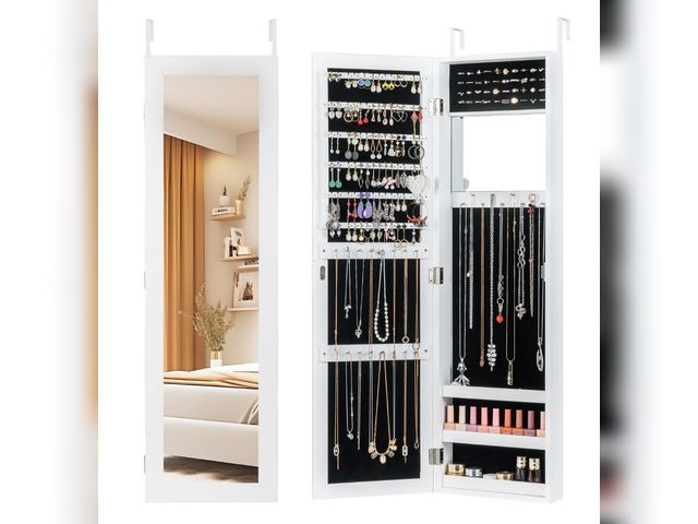 Lot 96-197738 - Wall/Door Mounted Jewelry Armoire with Storage Shelves and 2 Hanging Hook
Open box
Appears Unused 
P...