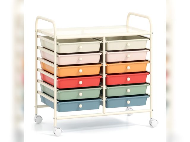 Lot 96-197417 - SlickBlue 12-Drawer Rolling Storage Cart with Lockable Wheels and Metal Frame unused, green bins are...