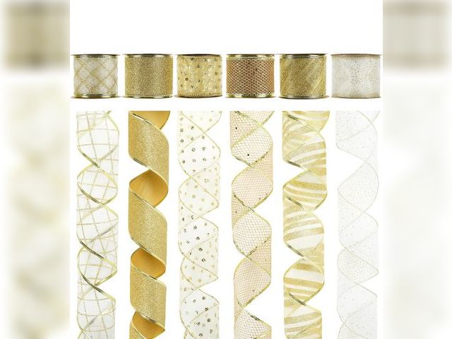 Lot 96-212223 - White and Gold Ribbon for Christmas Tree 2.5 Inch 6 Rolls 36 Yards Christmas Ribbons Gold Ribbons fo...