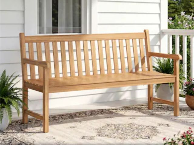 Lot 96-227205 - Patio Bench 60-in W x 36-in H Natural Teak Garden Bench used untested MSRP $259
