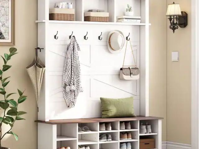 Lot 96-174437 - Harper &amp; Bright Designs
Hallway White Hall Tree with 6 Hooks, Ample Open Compartments, Coat Rack...