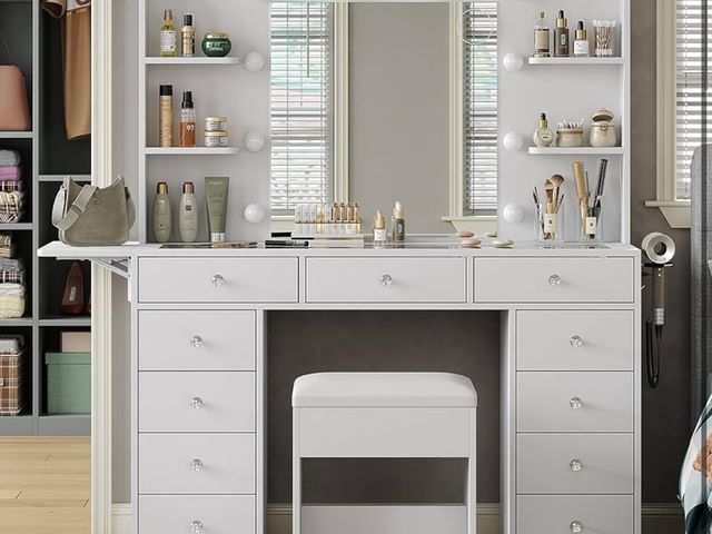Lot 96-174479 - Vanity Desk with Power Outlet, 11 Drawers Makeup Vanity with Lighted Mirror, 3 Colors Adjustable, Gl...