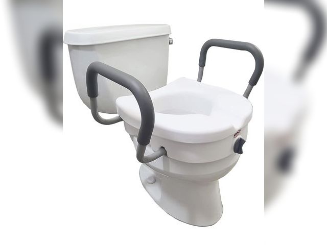 Lot 96-177607 - Carex E-Z Lock Raised Toilet Seat With Handles, 5" Toilet Seat Riser with Arms, Handicap Raised Toil...