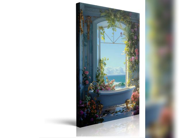 Lot 96-177803 - Vintage Coastal Beach Scene Canvas Art - Ocean Blue Teal Retro Bathroom Wall Decor With Bathtub Wind...
