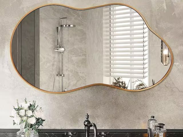 Lot 96-173057 - Hochwertiges
46 in. W x 26 in. H Irregular Gold Aluminum Alloy Framed Wall Mirror Asymmetrical Wall ...
