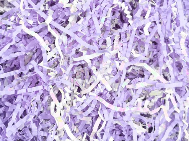 Lot 96-181619 - Amsthow Shredded Paper Gift Basket Stuffing 1/2 LB Diamond White and Purple Crinkle Cut Box Wrap Fil...