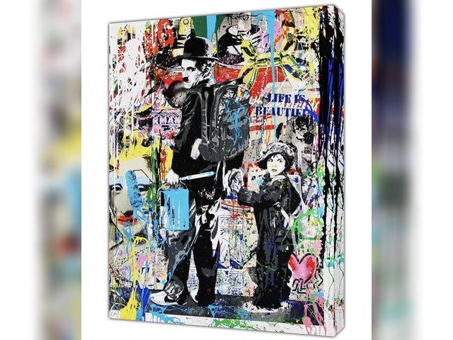 Lot 96-180736 - ARTSPRINTS Charlie Caplin and Child Art Reprint on Framed Canvas Wall Art Decoration 24’’ x 16 inch ...