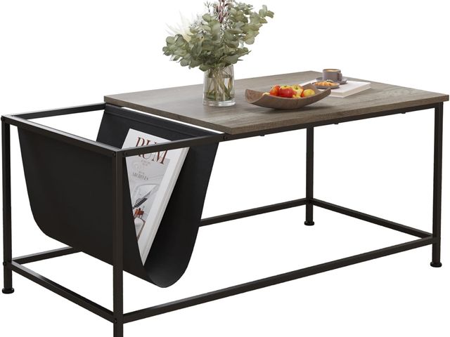 Lot 96-180922 - SENIG Grey Oak Rectangle Wood and Metal Coffee Table with Storage Shelf for Small Living Rooms with ...