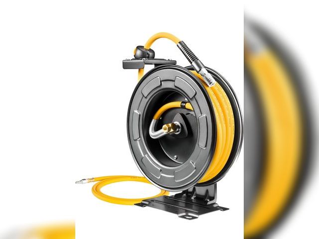Lot 96-163985 - Steel Retractable Air Hose Reel 3/8" Inch x 50' Feet Hybrid Polymer Hose, Heavy Duty Air Hose Reel i...
