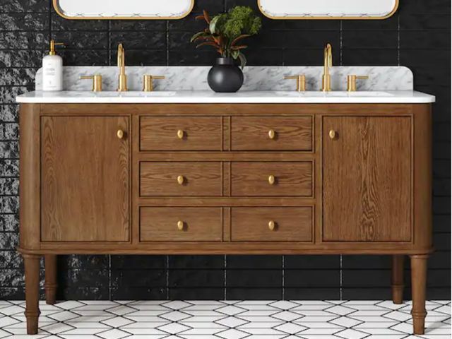 Lot 96-175566 - Home Decorators Collection
Collette 60 in. Double Sink Cinnamon Oak Bath Vanity with White Carrara M...