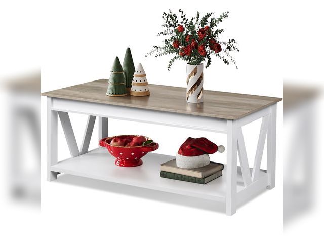 Lot 96-177079 - WLIVE Coffee Table, 43" Farmhouse Coffee Table with Storage Shelf &amp; Sturdy V-Shaped Support, Woo...