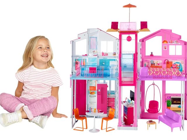 Lot 96-175674 - Barbie 3-Story Townhouse Dollhouse with Elevator, Swing Chair, Furniture and Accessories, Fold for P...