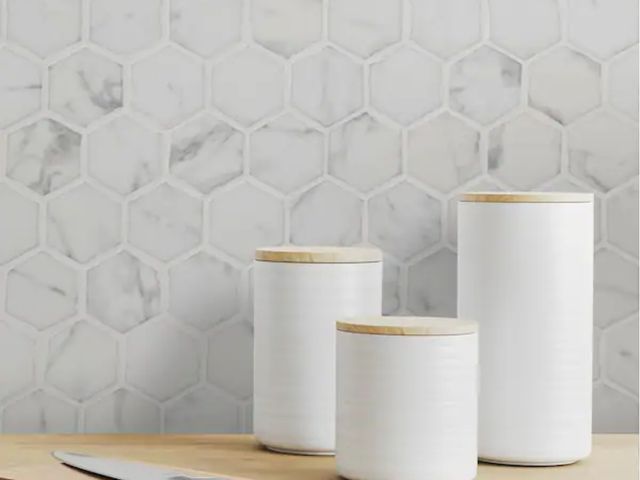 Lot 96-145039 - 56.64sq ft of Hexagon white calacatta 11.7" x 10.2" mosaic tile. Recycled glass marble looks floor a...