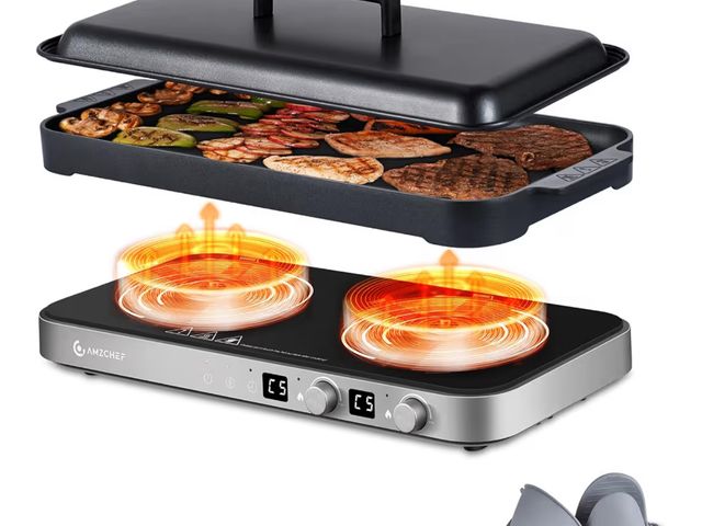 Lot 96-186767 - AMZCHEF Double Induction Cooktop with Removable Griddle Pan Non-stick, 1800W 2 burner Portable Induc...