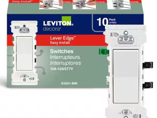 Lot 96-162812 - Leviton
Decora Lever Edge 15 Amp 120/277 Volt Single Pole Switch, White (10-Pack) E5601-MW

 New