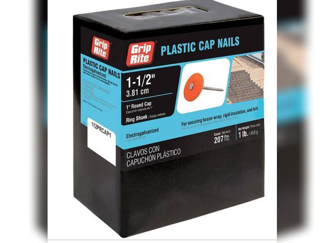 Lot 96-164592 - Grip-Rite 1-1/2 in. x 12-Gauge
Electrogalvanized Plastic Round Cap Roofing Nails 1 lb. Box

New