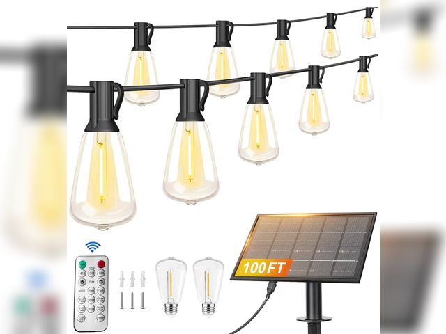 Lot 96-233232 - Stright 100FT Solar String Lights Remote Weatherproof ST38 LED Backyard Remote Control, 8 Light Mode...