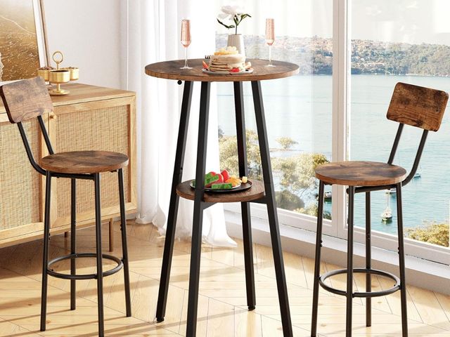 Lot 96-180542 - HOOBRO 3 Pieces Round Bar Height Table and Chairs Set, Round Dining Table Set, Pub Table and Chairs ...