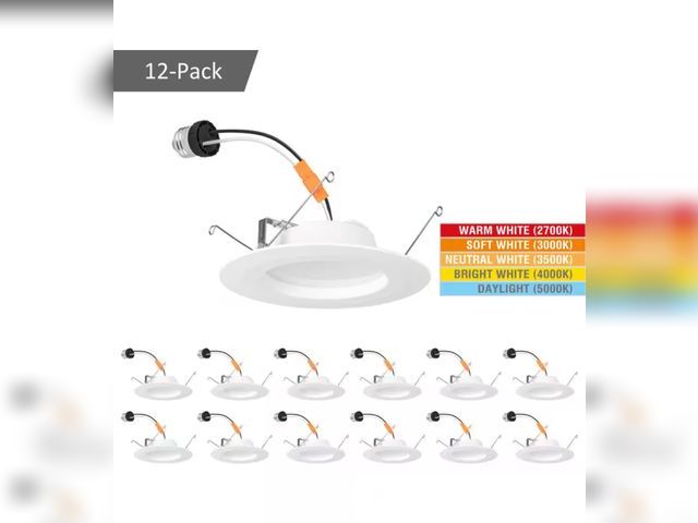 Lot 96-179134 - 12 Pack Commercial Electric
5/6 in. Integrated LED Recessed Retrofit Light Trim with Selectable Colo...