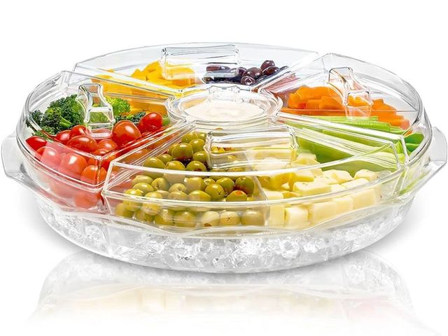 Lot 96-169363 - Chef's Star 16" Food Tray with Ice Compartment &amp; Lid - 8 Section with Dip Holder Clear Acrylic C...