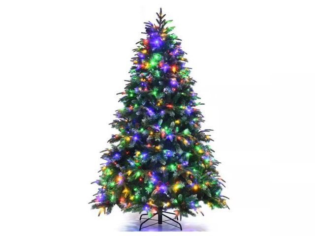Lot 96-192584 - Costway 7 ft. Pre-Lit Snowy Artificial Christmas Tree Hinged Tree 11 Flash Modes with 450 Multi-Colo...