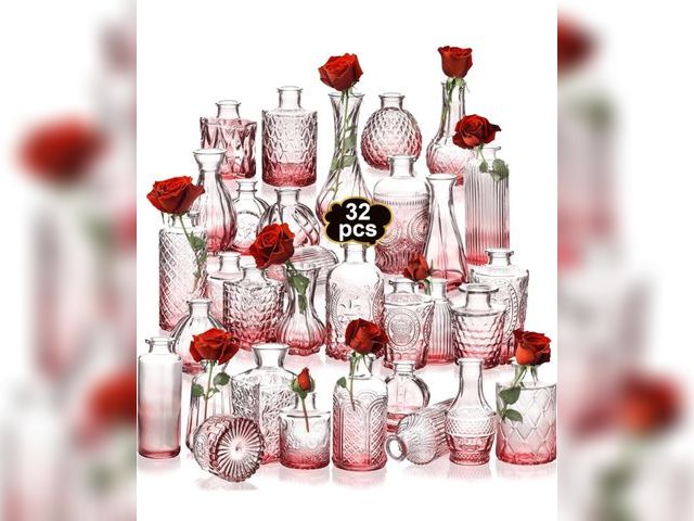 Lot 96-170363 - Clear Bud Vases Bulk 32,Small Flower Vases for Wedding Decor,Glass Vintage Bottle Set for Centerpiec...