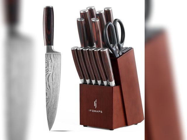 Lot 96-169652 - 15-Piece Knife Set with Block for Kitchen, with Built-In Sharpener, Stainless Steel Ultra Sharp Blad...