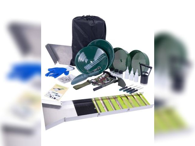 Lot 96-175884 - 27pcs Complete Gold Panning Kit with 50" Folding Sluice Box, Portable Aluminum Alloy Mining Equipmen...