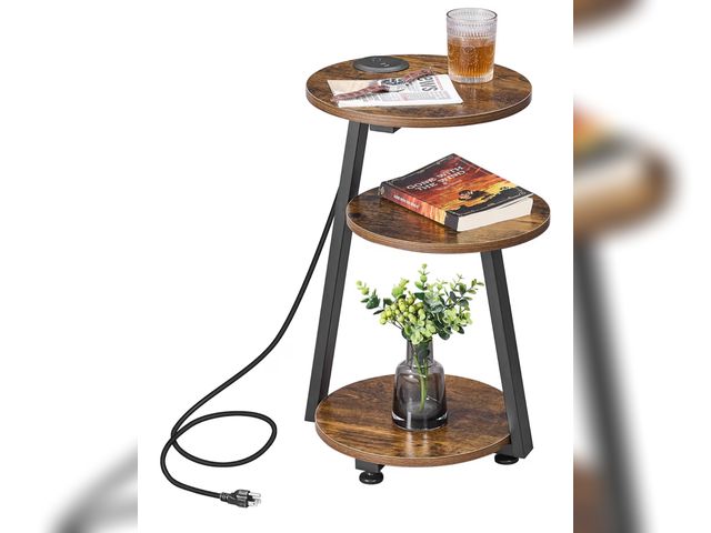 Lot 96-177265 - Round End Table with Charging Station, Side Table Accent Nightstand Bedside Table with 3-Tier Shelve...