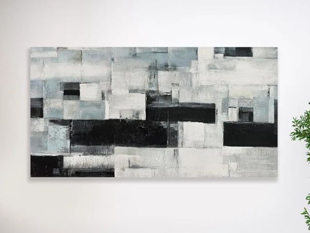 Lot 96-173756 - Glvzygy Abstract Wall Art Room Decor Black White and Gray Plaid Minimalism Picture Abstract Art Wall...