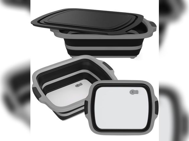 Lot 96-173873 - 2-Pack XL Collapsible BBQ Prep Tub with Built-In Cutting Board, Lid &amp; Strainer – Marinate, Drain...
