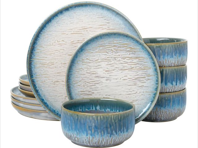 Lot 96-172559 - “Talia” 12-piece Stoneware Dinnerware Set with Reactive Glaze Finish, Service for 4, Blue Reactive G...