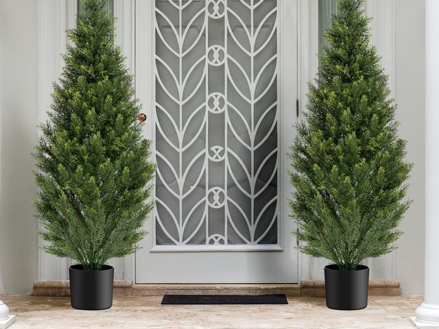 Lot 96-164260 - Two 4FT Artificial Topiary Cedar Trees Tall, Outdoors UV Protection Fake Cypress Tree, Realistic 48I...
