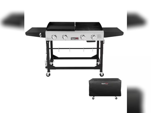 Lot 96-166614 - Royal Gourmet
4-Burners Portable Propane Gas Grill and Griddle Combo Grills in Black with Side Table...