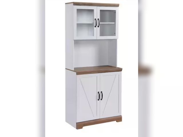 Lot 96-180004 - HOMCOM White and Brown MDF 28.25 in. Farmhouse Kitchen Buffet with Hutch, Doors, Adjustable Shelves,...