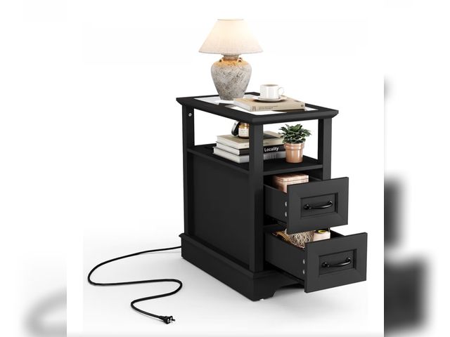 Lot 96-176491 - End Table with Charging Station, Narrow Sofa Couch Side Table with Storage Drawers, Wooden Bedside T...