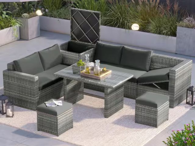 Lot 96-166669 - Harper &amp; Bright Designs Gray 6-Piece Wicker Outdoor Sectional Set with Adjustable Seat, Storage ...