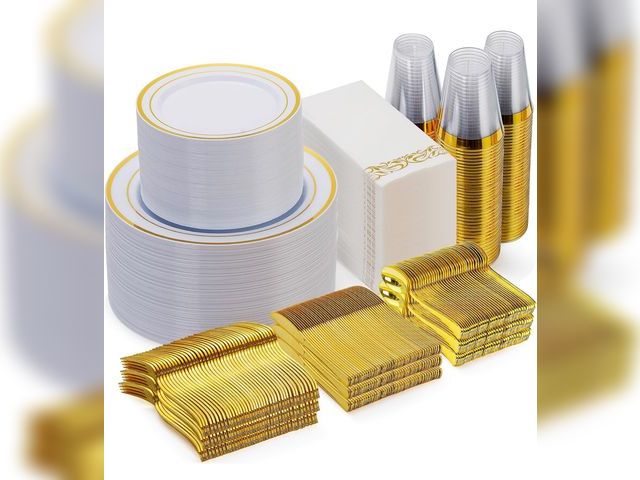Lot 96-178987 - Goodluck 700 Piece Gold Dinnerware Set for 100 Guests, Disposable for Party, Include: 100 Gold Rim D...