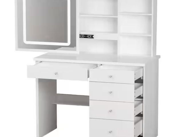 Lot 96-162884 - FUFU&amp;GAGA Wood LED Push-Pull Mirror Dresser with 5-Drawers, Stool and 3-Tier Storage Shelves(53....