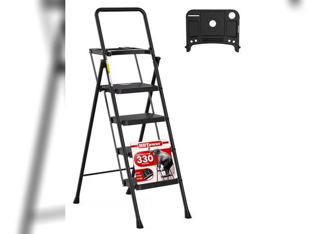 Lot 96-186614 - HBTower Step Ladder, Folding Step Stool with Wide Anti-Slip Pedal, Sturdy Steel Ladder, Convenient H...