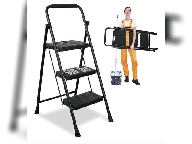 Lot 96-179321 - 3 Step Ladder, Protable Steel Folding Stool with Wide Anti-Slip Pedal, 500lbs Sturdy Steel Ladder, B...