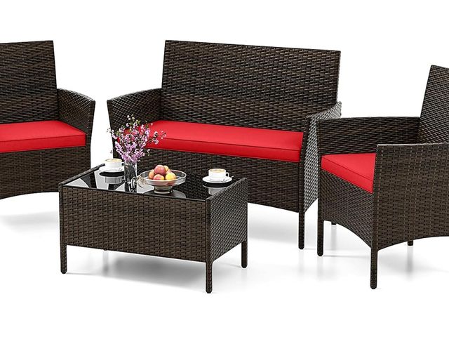 Lot 96-192304 - HAPPYGRILL 4 Pieces Outdoor Rattan Conversation Set, Patio Wicker Furniture Set with Loveseat Chairs...