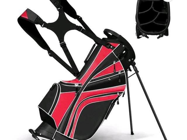 Lot 96-227562 - Costway Golf Stand Cart Bag Club w/6 Way Divider Carry Organizer Pockets Storage Red
Unused, but has...