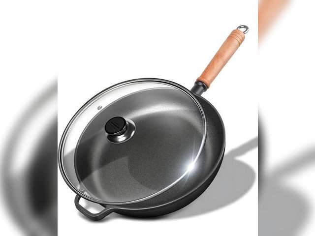 Lot 96-176227 - 12" Cast Iron Skillet with Lid &amp; Removable Wooden Handle, Pre-Seasoned Frying Pan for Stove, Ove...
