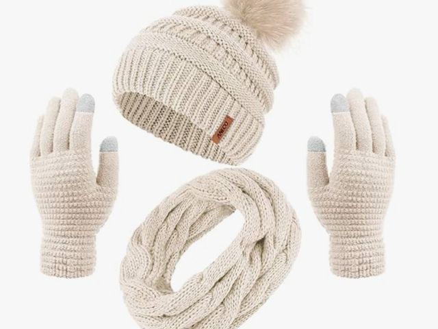 Lot 96-181424 - Aneco Womens Winter Warm Sets Knitted Fur Pompoms Beanie Hat Circle Loop Scarf Touch Screen Gloves W...
