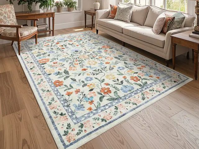 Lot 96-180443 - Living Room Rug Machine Washable Area Rug Non Slip Farmhouse Floral Rug Low Pile Soft Foldable Rugs ...