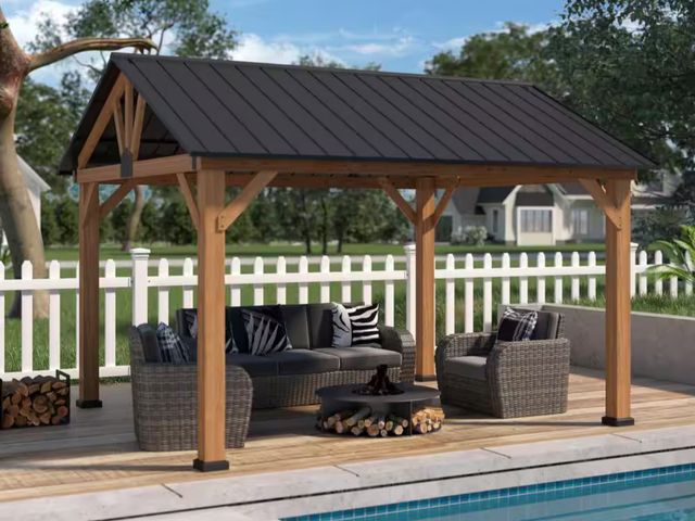 Lot 96-166131 - EAGLE PEAK 13 ft. W x 11 ft. D Solid Wood Patio Gazebo, Cedar Framed Outdoor Pavilion Cabana, Black ...